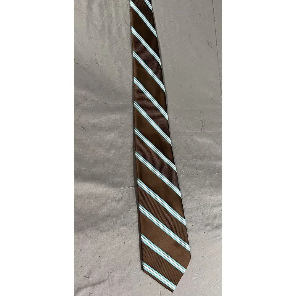Vintage Christian Dior Tie Mens Brown Teal White Striped Polyester Regular Width